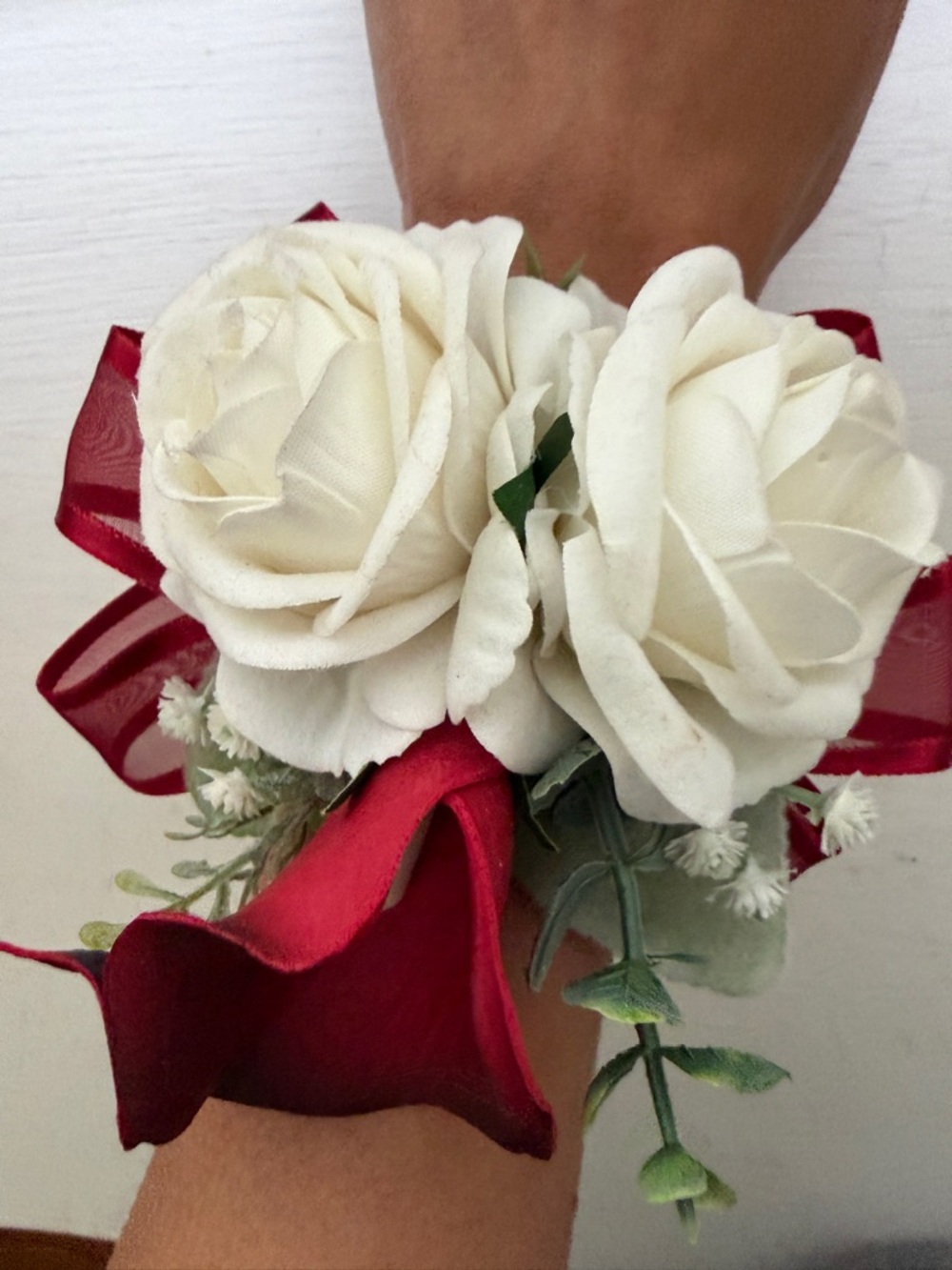White Rose Wrist prom Corsage with Red Ribbon